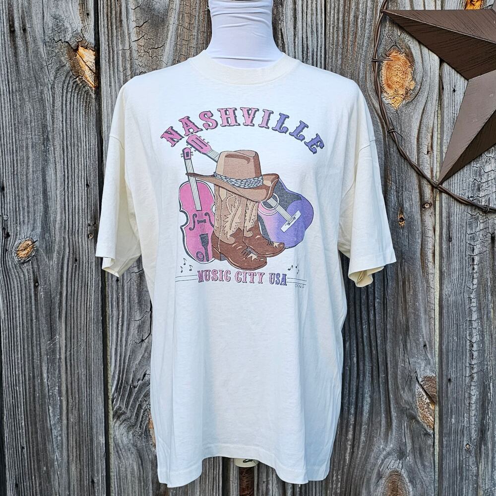 Nashville Graphic Tee Country Music Size XL Off White Belton Single Stitch Vtg
